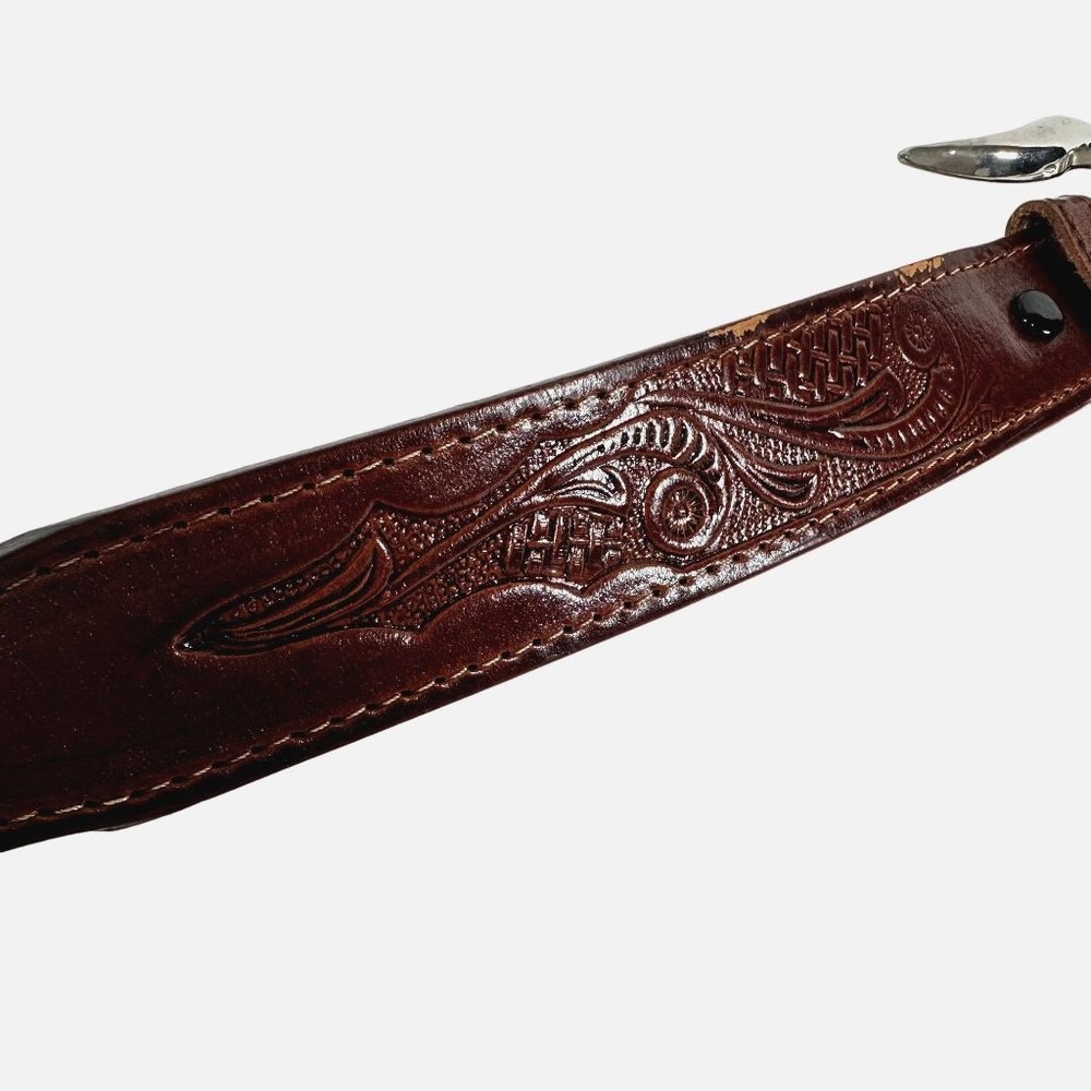 Longhorn Steer Skull Leather Belt Embossed n Studded Mens Size 42 Made in Mexico - Picture 3 of 9